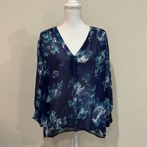 Joie Blue Floral Print Top with Long Sleeves, 100% Silk
